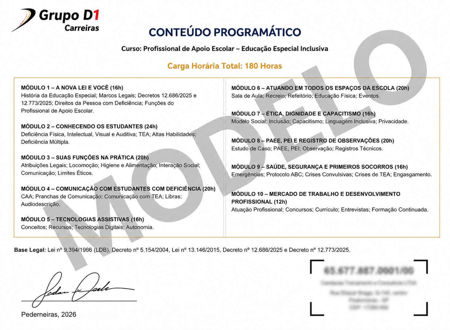 Modelo do verso do certificado com conteúdo programático